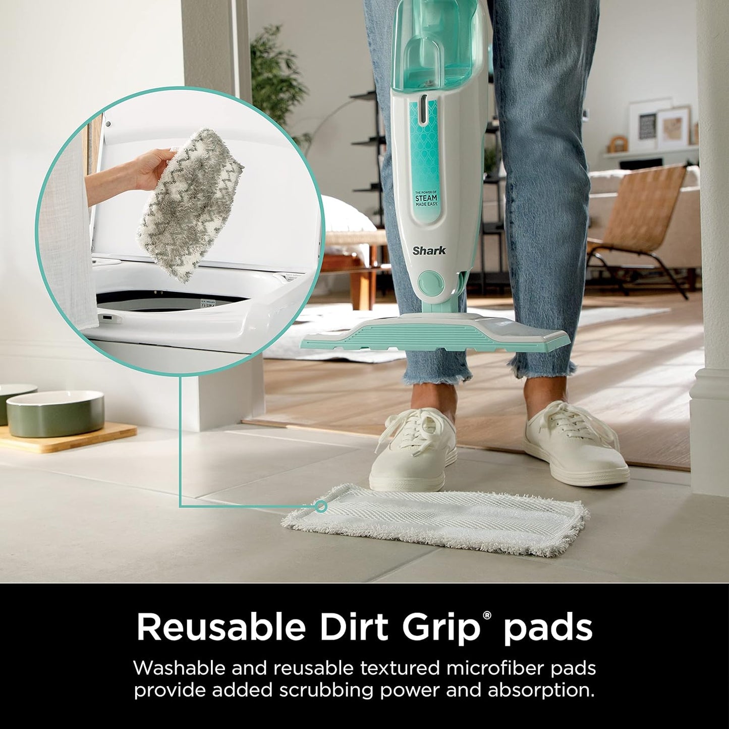 Lightweight Steam Mop with Two Machine Washable Dirt Grip Pads, Safe for All Sealed Hard Floors, Removable Water Tank, White/Seafoam