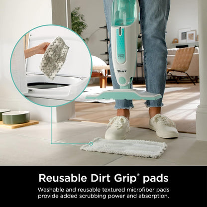 Lightweight Steam Mop with Two Machine Washable Dirt Grip Pads, Safe for All Sealed Hard Floors, Removable Water Tank, White/Seafoam