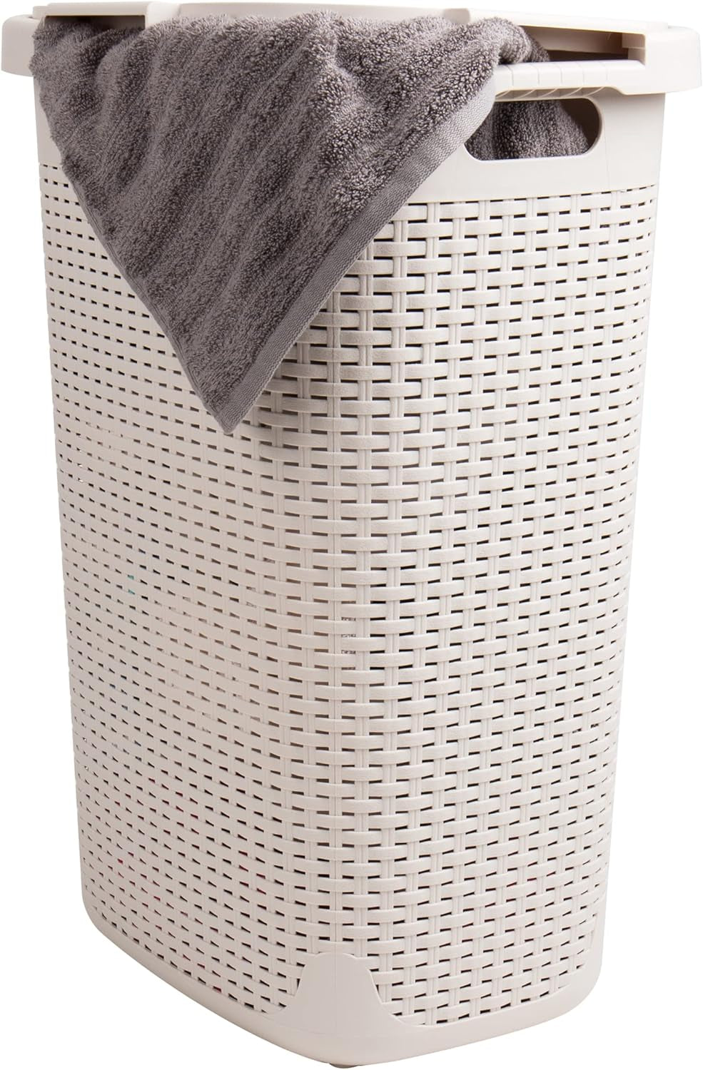 60L Slim Laundry Hamper - Lid, Wicker Design, Plastic Construction, Dimensions: 44.8L x 34.9W x 61.3H cm, Ivory
