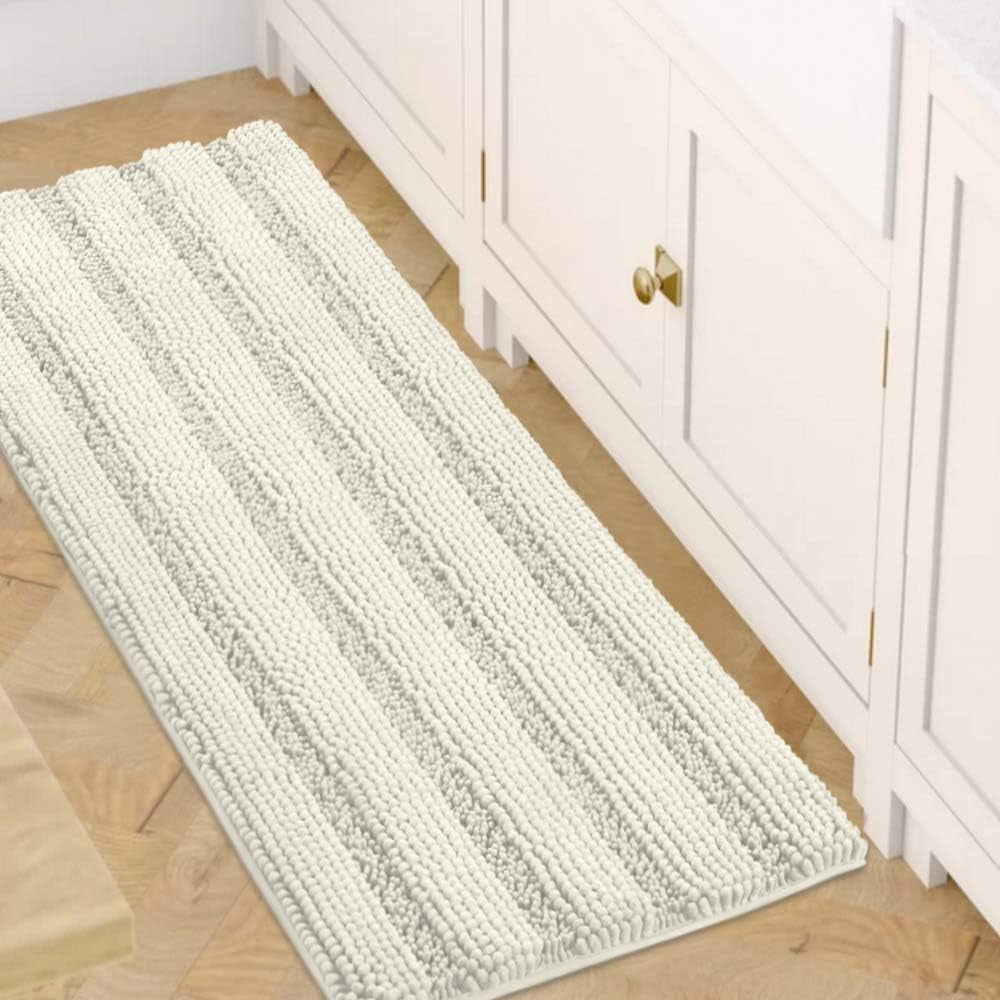 Set of 2 Striped Anti-Slip Bath Mats - Soft Plush Chenille Shaggy Floor Mats  - Water Absorbent (Grey, 32 x 20 & 24 x 17 Inches)