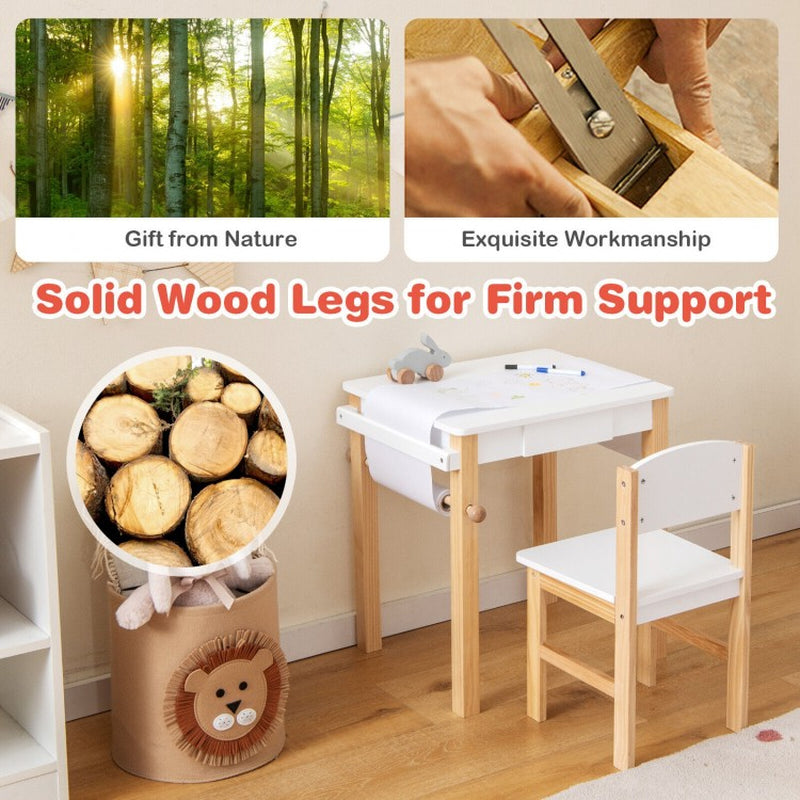 Children's Art Table and Chair Set with Storage Drawer, Paper Roll, and Two Markers