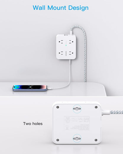 Surge Protector Power Strip with 8 Outlets and 4 USB Charging Ports (2 USB-C), 5Ft Braided Extension Cord, Flat Plug, Wall-Mountable USB-C Charging Station for Home and Office Use