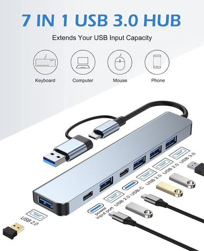 7-in-1 USB-C Hub Multiport Adapter with USB 3.0, USB 2.0, USB-C Charging, and Data Ports 
