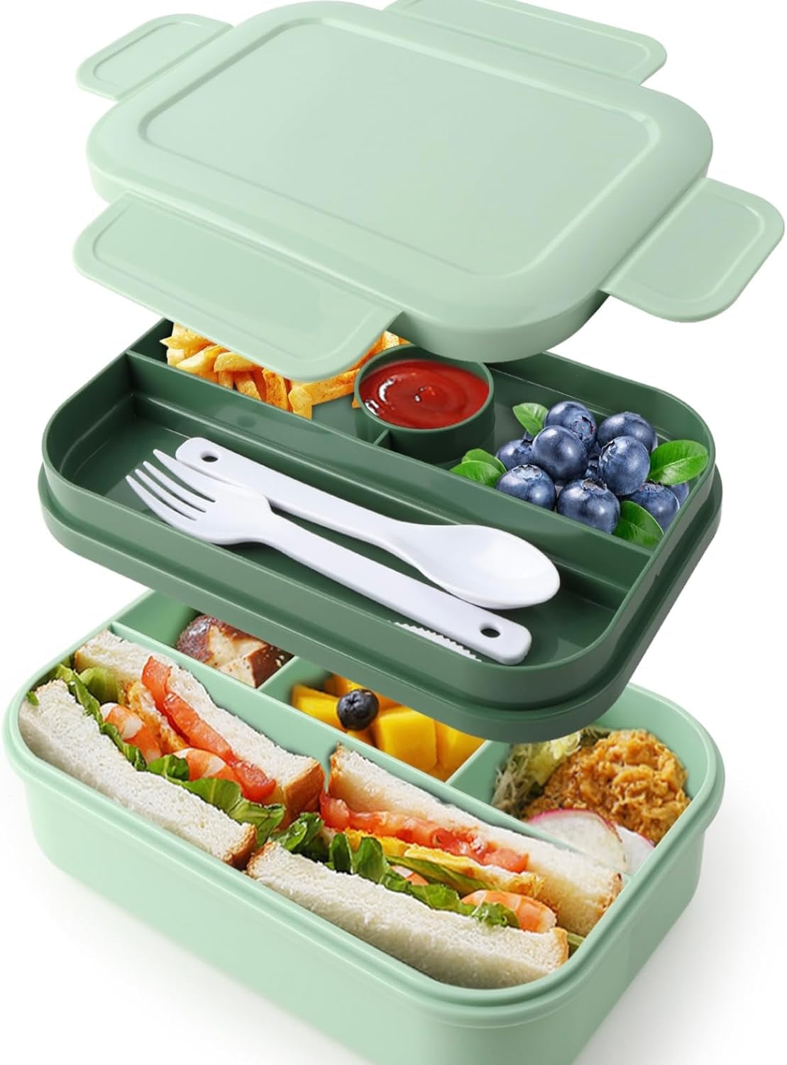 Lunch Box - 2000 ML Stackable Container - 8 Compartments, Leak-Proof Design, Built-In Sauce Container, Utensils Included - Blue