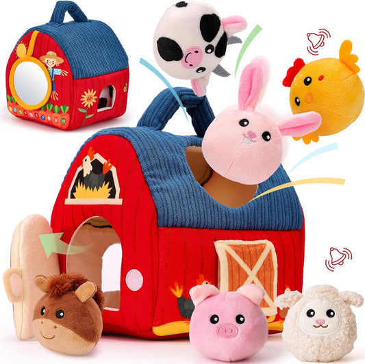Surprise Barn Plush Farm Animal Rattles and Mirror Baby Toys, Sensory Development Toys  6-12 Months - Travel Toys 