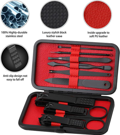 Professional 10-in-1 Stainless Steel Manicure Set with Leather Travel Case - Nail Clippers and Care Tools in Black