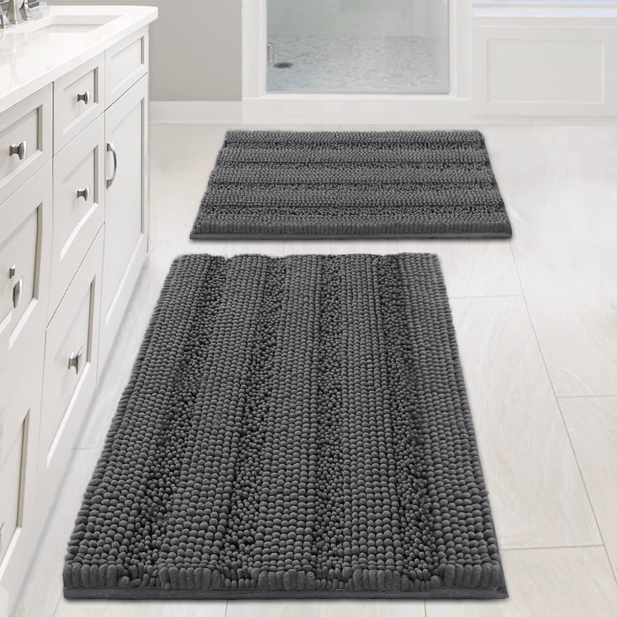 Set of 2 Striped Anti-Slip Bath Mats - Soft Plush Chenille Shaggy Floor Mats  - Water Absorbent (Grey, 32 x 20 & 24 x 17 Inches)