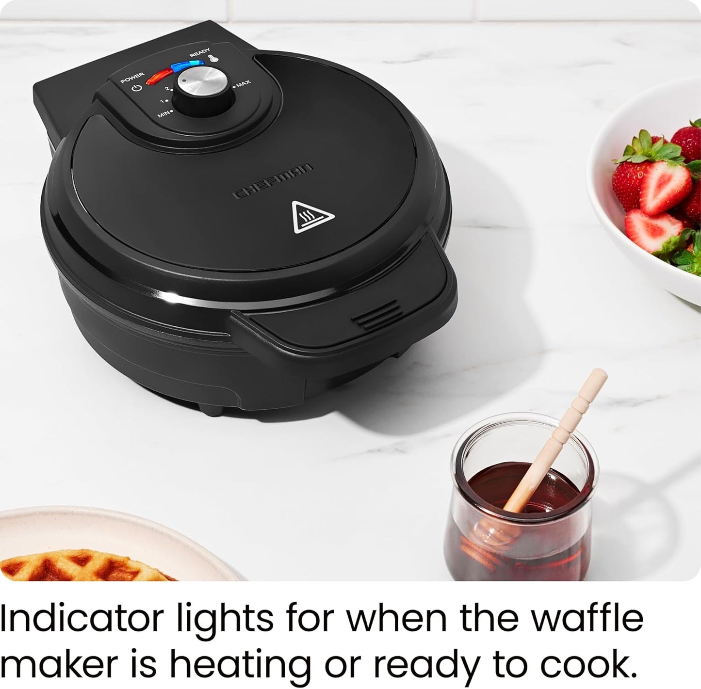 Professional Anti-Overflow Belgian Waffle Maker with Shade Selector, Temperature Control, Mess-Free Moat, Round Nonstick Plates, Cool Touch Handle, and Measuring Cup - Black