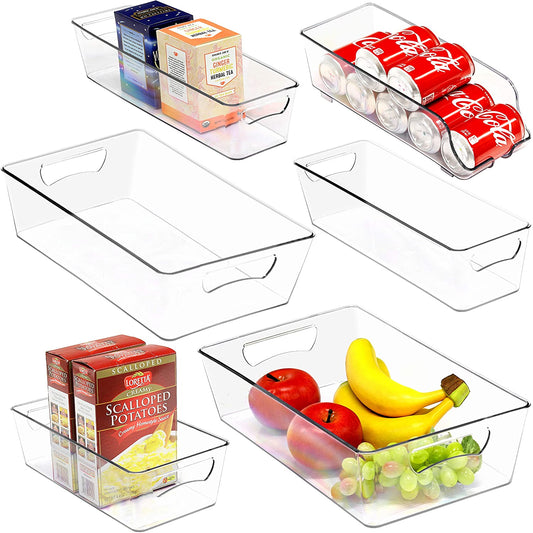 Clear Storage Bins for Freezer and Kitchen Pantry Organization, Set of 6 (2 Large, 2 Long, 1 Standard, 1 Medium)