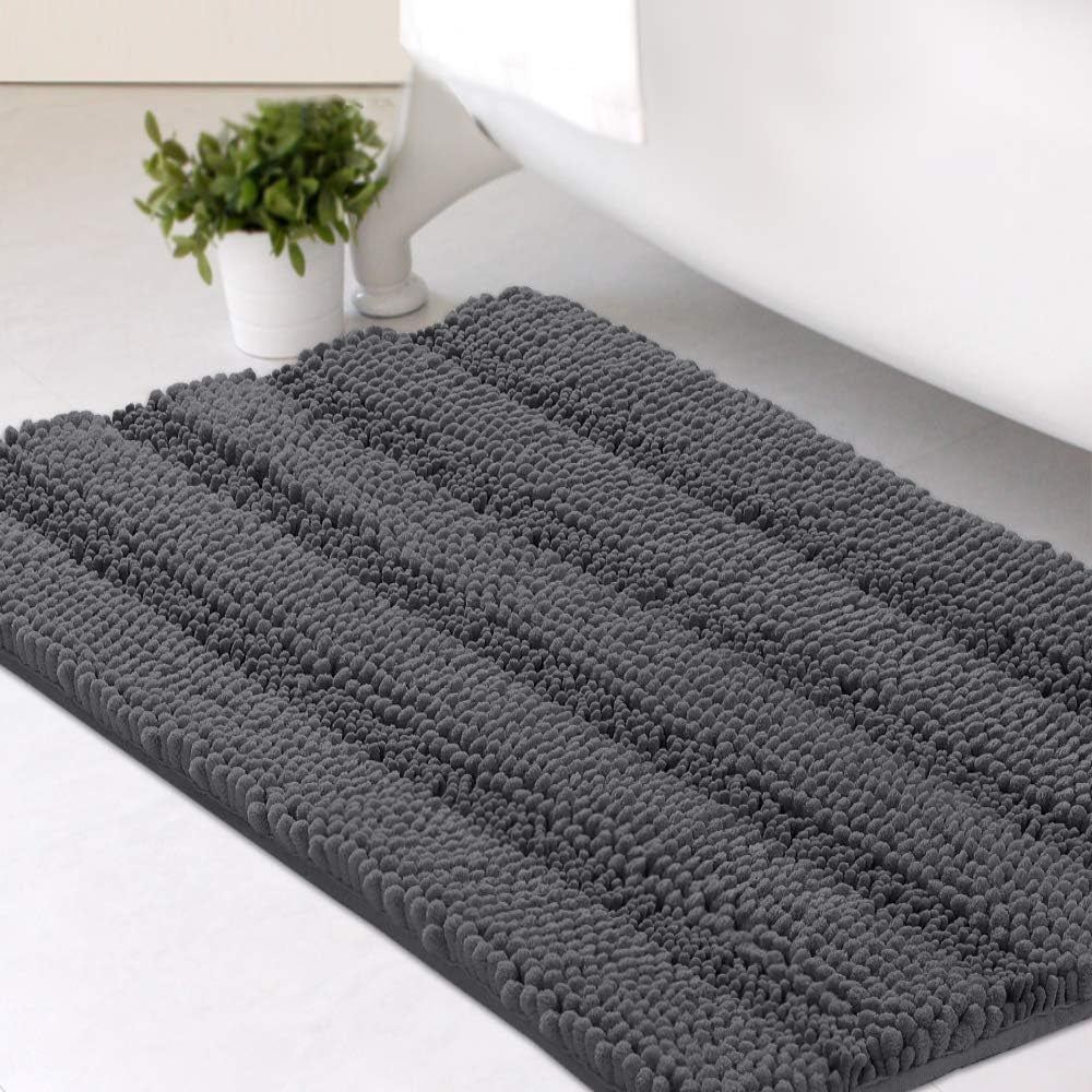 Set of 2 Striped Anti-Slip Bath Mats - Soft Plush Chenille Shaggy Floor Mats  - Water Absorbent (Grey, 32 x 20 & 24 x 17 Inches)
