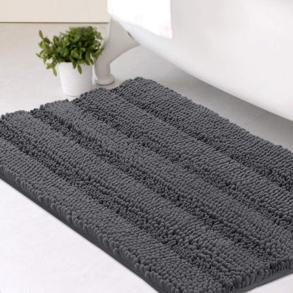 Set of 2 Striped Anti-Slip Bath Mats - Soft Plush Chenille Shaggy Floor Mats  - Water Absorbent (Grey, 32 x 20 & 24 x 17 Inches)