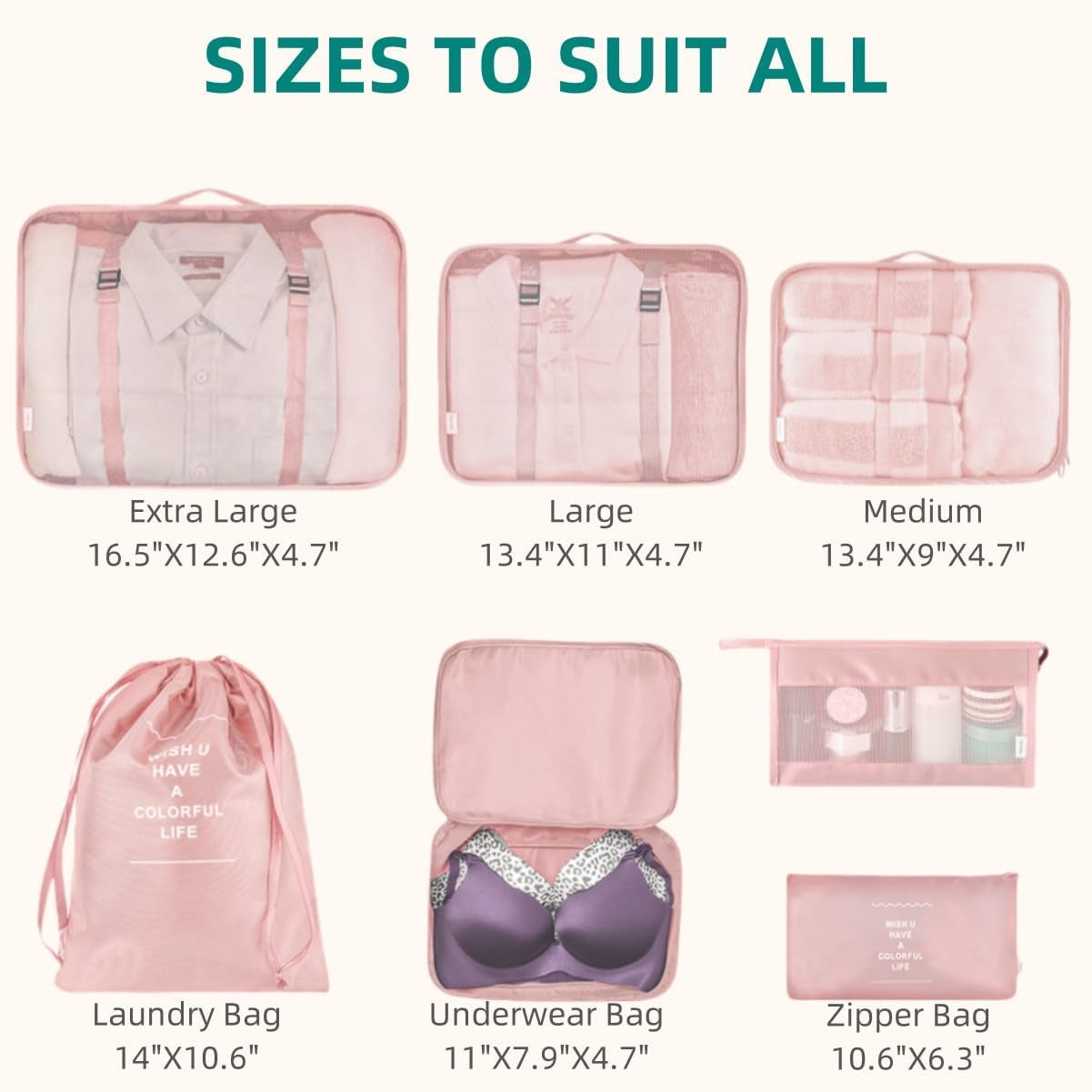 7-Piece Travel Packing Cube Set with Toiletry Bag in Pink