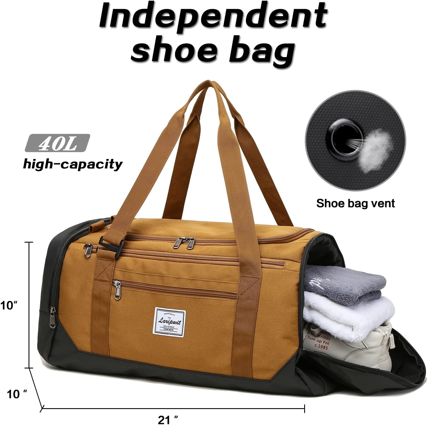 Men's 40L Travel Duffle Bag with Wet Pocket and Shoe Compartment - Versatile Weekender Backpack for Travel, Khaki