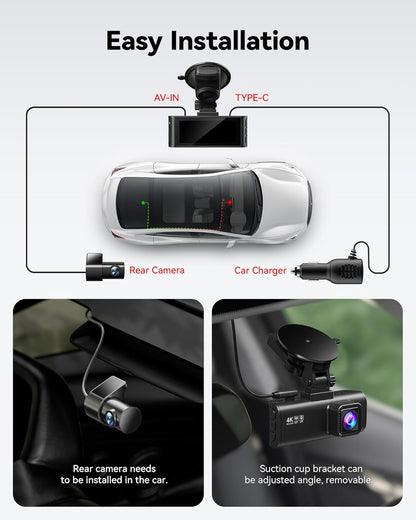 4K/2.5K Full HD Dual Dash Camera for Vehicles with 32GB Card, Built-In Wi-Fi and GPS, 3.18” IPS Display, Night Vision, 170° Wide Angle, WDR, and 24-Hour Parking Mode