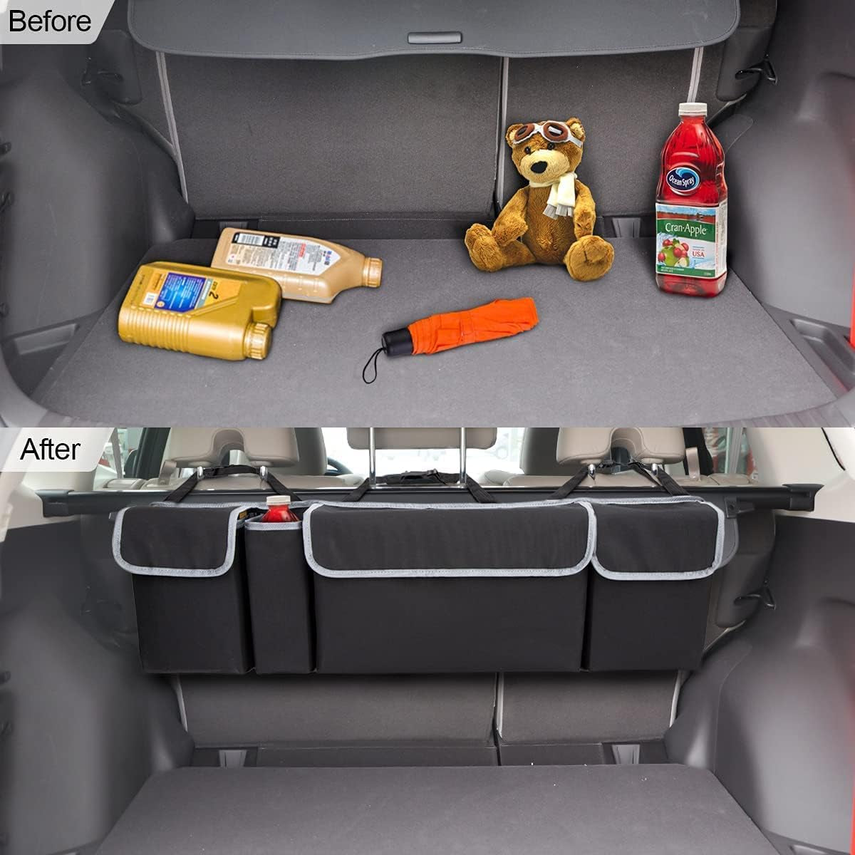 Car Trunk Organizer - Waterproof, Durable Backseat Hanging Cargo Bag with Adjustable Anti-Slip Straps and 4 Pockets (Black)