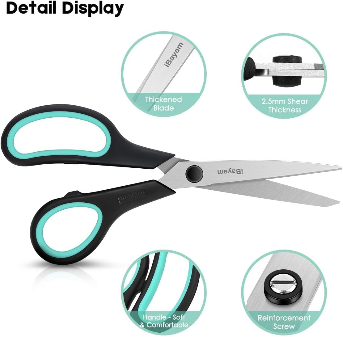 3-Pack of 8-Inch Heavy-Duty Scissors with Ultra-Sharp Blades and Ergonomic Comfort Grip Handles for Office, Home, School, Sewing, and Crafting