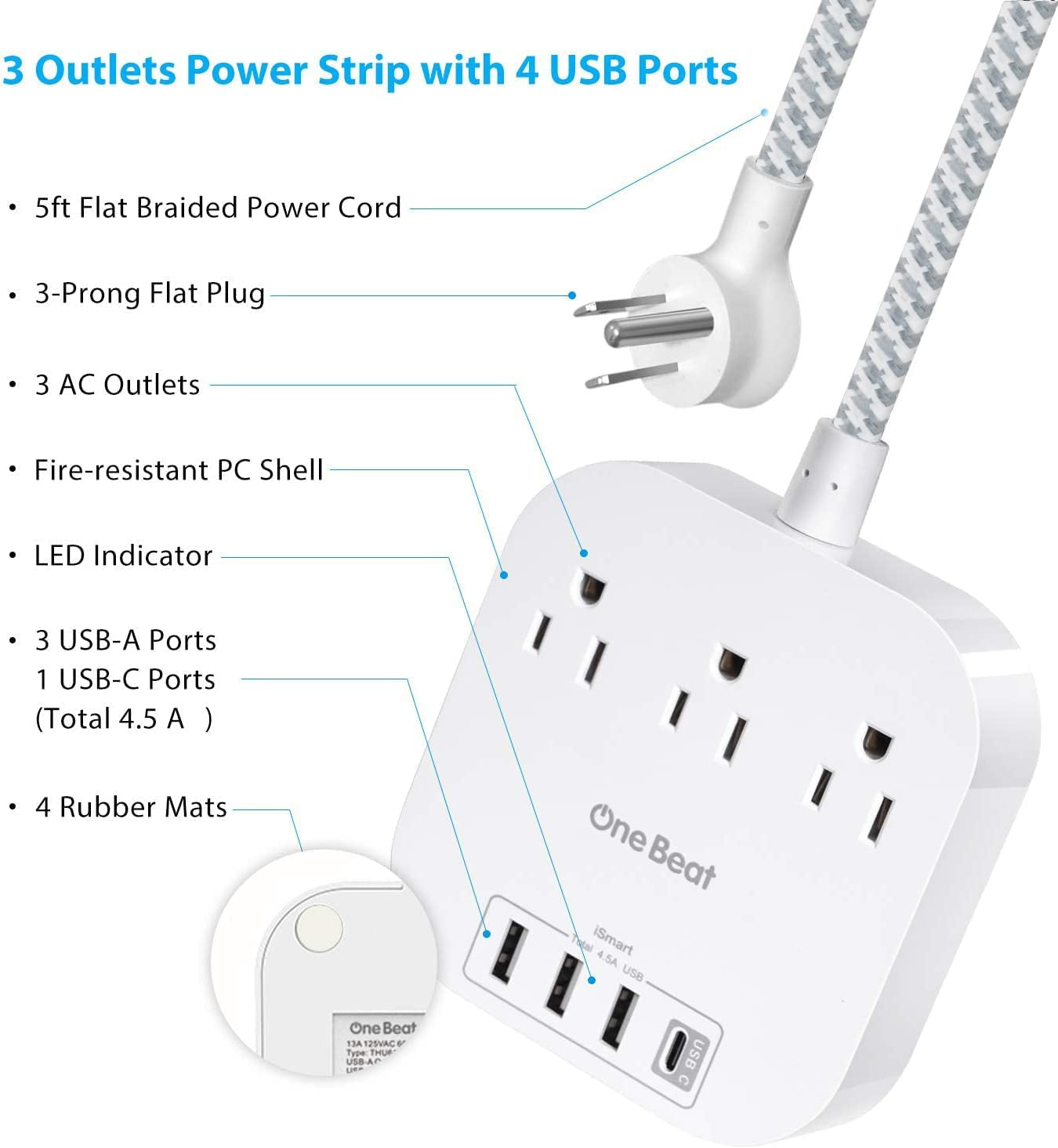 Power Bar Power Strip with USB-C, 3 Outlets and 4 USB Ports, Flat Plug Braided Extension Cord, Non-Surge Protector for Travel and Cruise Ships (5FT)