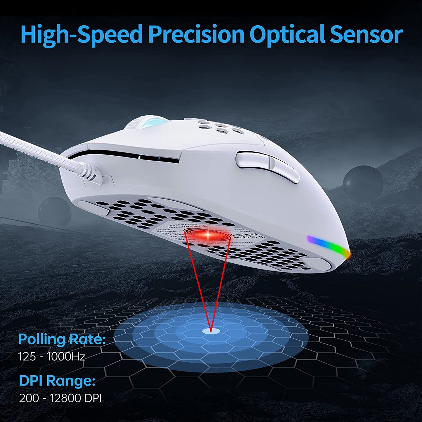 Ultralight Honeycomb Gaming Mouse with High-Precision 12800DPI Optical Sensor, 6 Programmable Buttons, Customizable RGB Lighting, Drag-Free Paracord, Ergonomic Design - Matte White