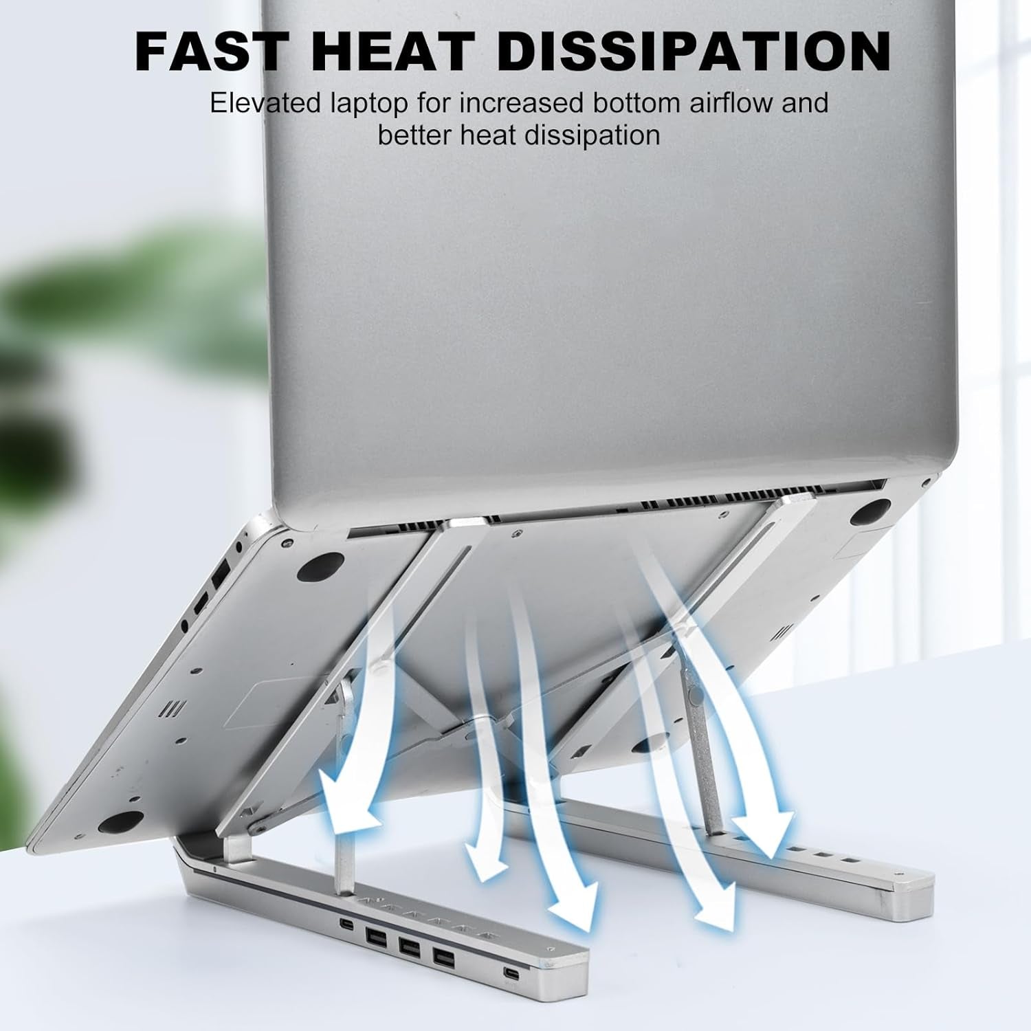 Laptop Stand with Usb、Type C and RGB Lights, Aluminum Adjustable Foldable Laptop Stand for Desk, Ergonomic Portable Laptop Riser Holder 