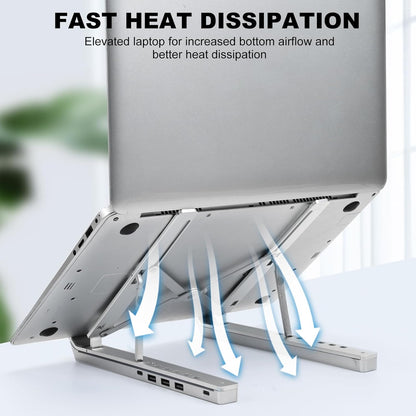 Laptop Stand with Usb、Type C and RGB Lights, Aluminum Adjustable Foldable Laptop Stand for Desk, Ergonomic Portable Laptop Riser Holder 