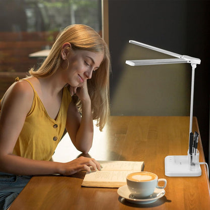 LED Desk Lamp with Touch Control, 5 Color Modes, Adjustable Brightness, Dual Swing Arm, USB Charging Port, Foldable Design, Auto Time, 5W