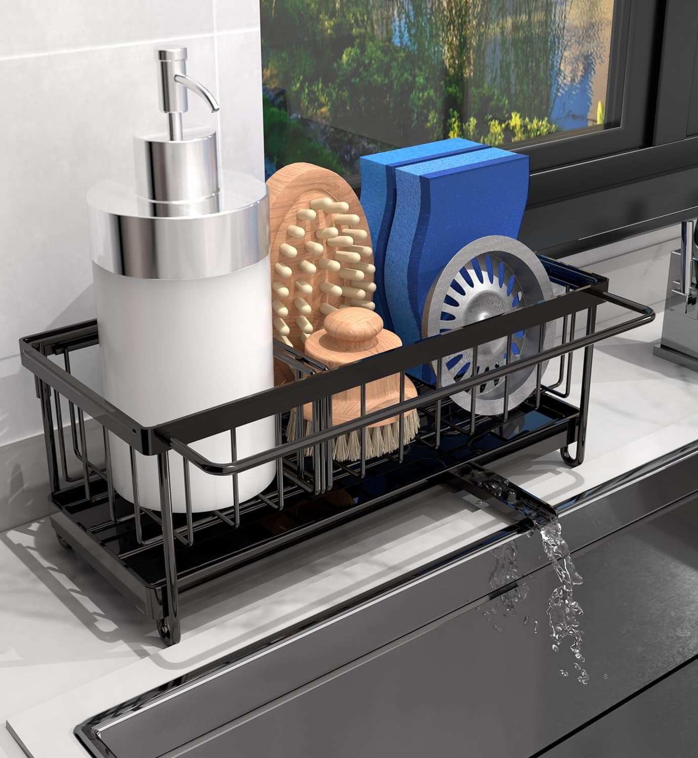 Kitchen Sink Organizer Sponge Holder with Dishrag and Dishcloth Rack, Rustproof 304 Stainless Steel with Auto Draining Tray