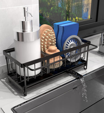 Kitchen Sink Organizer Sponge Holder with Dishrag and Dishcloth Rack, Rustproof 304 Stainless Steel with Auto Draining Tray