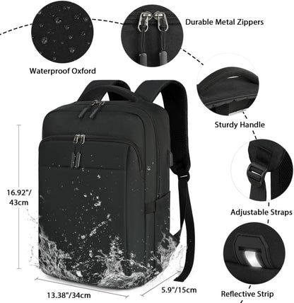 15.6-Inch Anti-Theft Laptop Backpack with USB Charging Port - Large Waterproof Travel Backpack for Work and School, Black