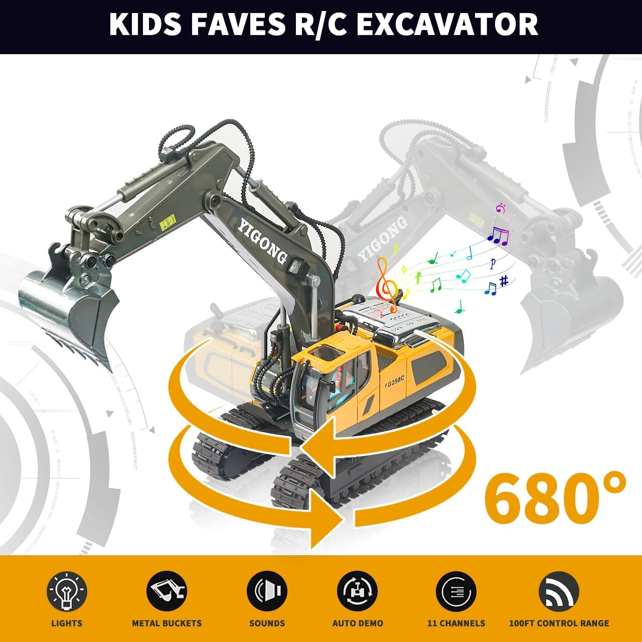 Remote Control Excavator Toy for Boys Ages 4+, RC Construction Vehicle-Metal Shovel, Lights, Sounds, 2.4GHz, 680-Degree Rotation 
