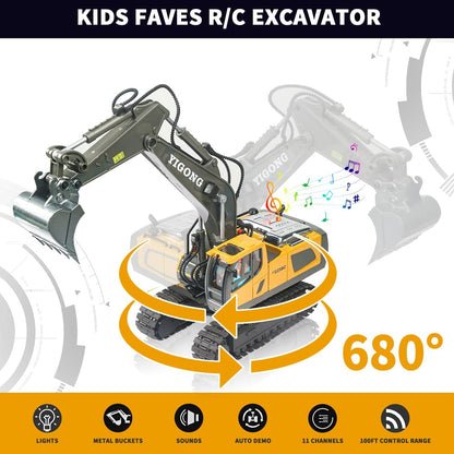 Remote Control Excavator Toy for Boys Ages 4+, RC Construction Vehicle-Metal Shovel, Lights, Sounds, 2.4GHz, 680-Degree Rotation 