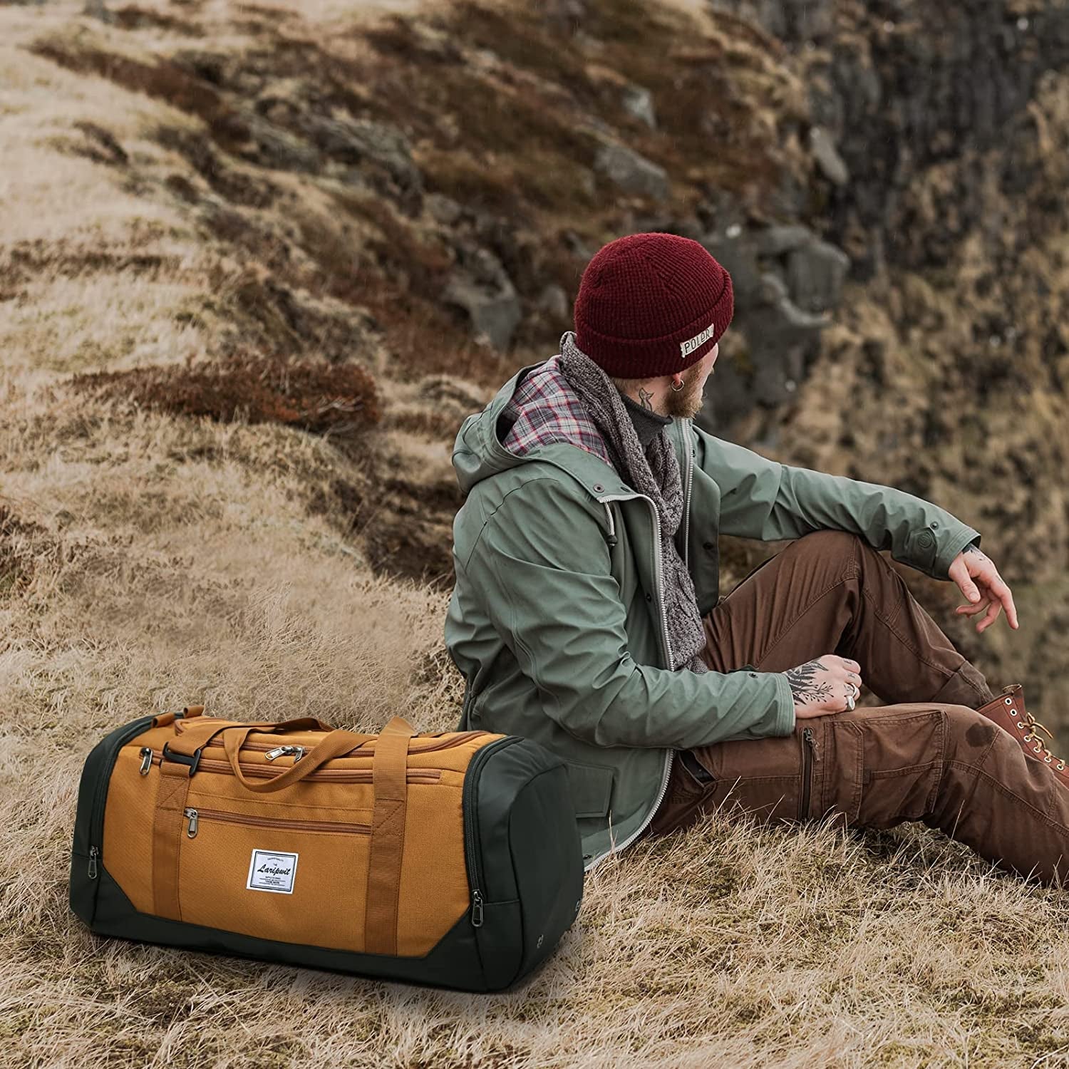 Men's 40L Travel Duffle Bag with Wet Pocket and Shoe Compartment - Versatile Weekender Backpack for Travel, Khaki