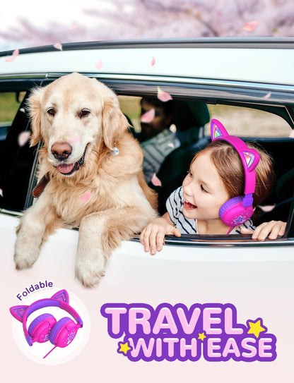 Children's Cat Ear Headphones with LED Lights, 85dBA Volume Limiting, Stereo Sound, Foldable Wired Design for Travel and School, Compatible with iPads and Tablets, Meow Lollipop - Hot Pink