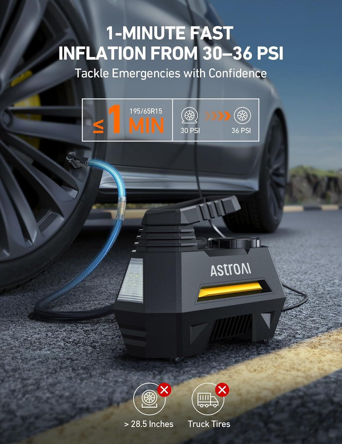Portable Tire Inflator, Air Compressor - Digital Pressure Gauge, Emergency LED Light - 12V DC Auto Pump for Cars