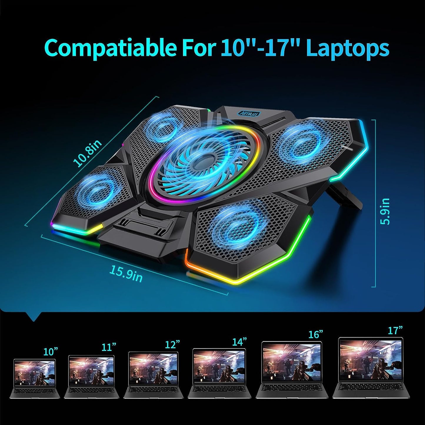 Laptop Cooling Pad for Gaming, Featuring 5 Silent Fans and LED Lighting, Compatible with 12-17 Inch Laptops, 7 Adjustable Height Settings