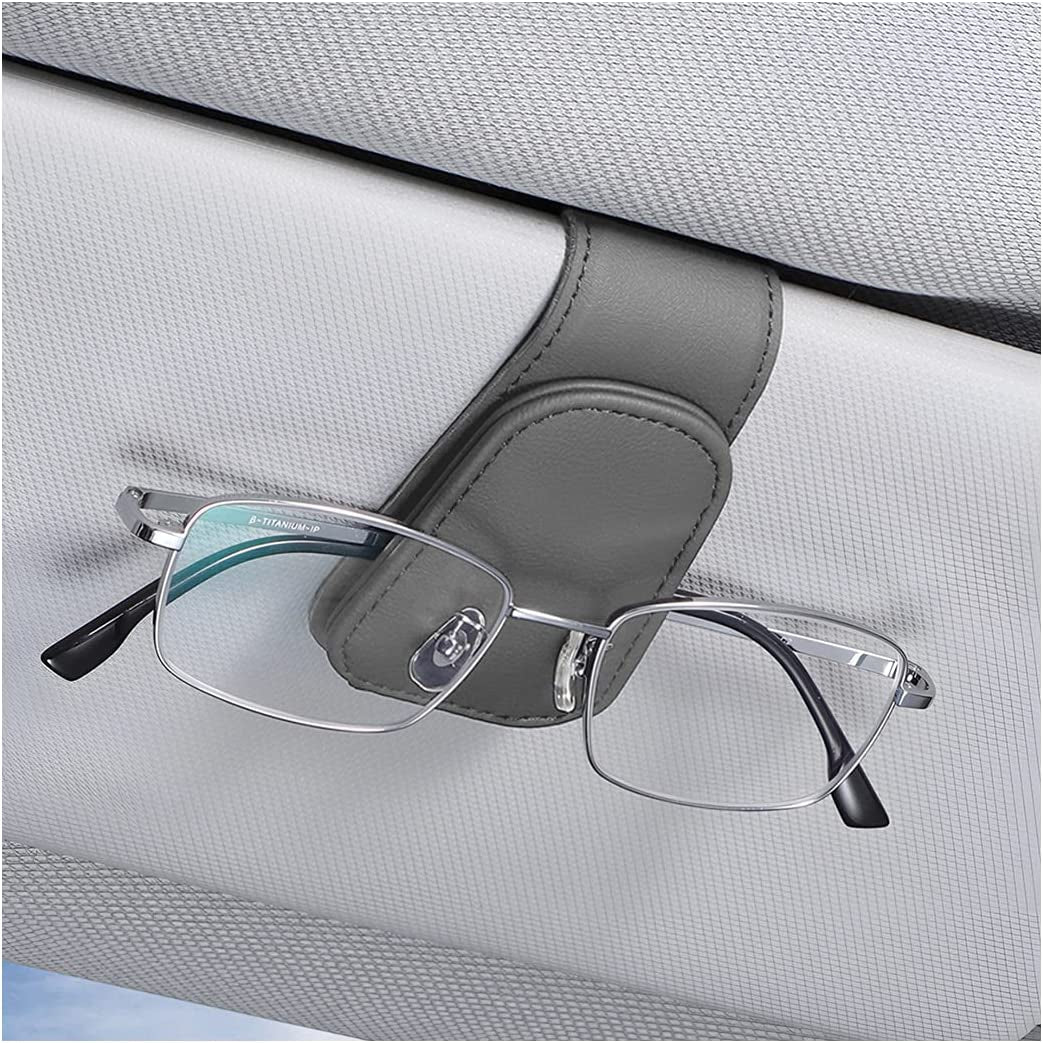 Car Sun Visor Sunglasses Holder, Leather Eyeglasses Hanger with Magnetic Clip - Universal Auto Interior Accessory 