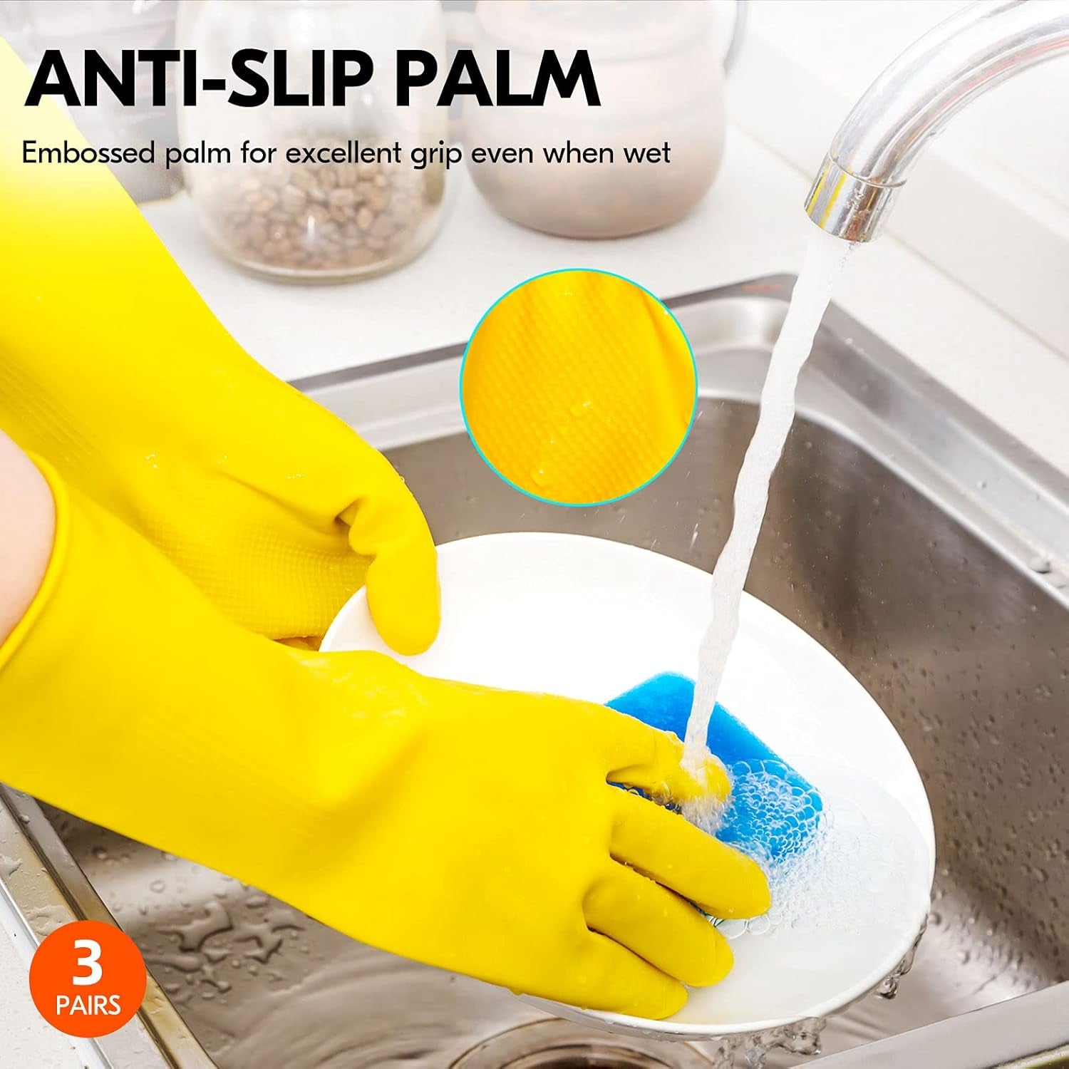 Vgo 3 Pairs of Reusable Rubber Dishwashing and Kitchen Cleaning Gloves (Medium, Yellow, Model Hh4601)