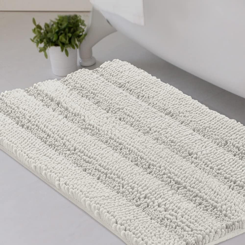 Set of 2 Striped Anti-Slip Bath Mats - Soft Plush Chenille Shaggy Floor Mats  - Water Absorbent (Grey, 32 x 20 & 24 x 17 Inches)