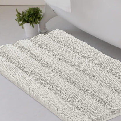 Set of 2 Striped Anti-Slip Bath Mats - Soft Plush Chenille Shaggy Floor Mats  - Water Absorbent (Grey, 32 x 20 & 24 x 17 Inches)