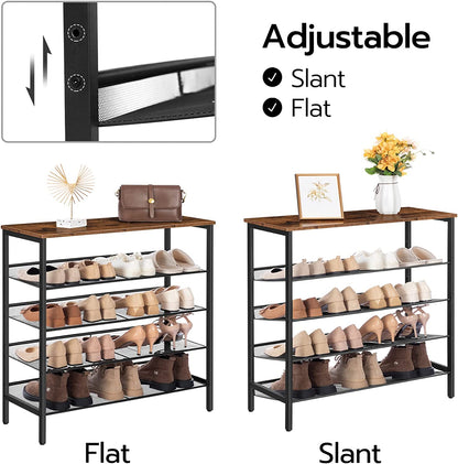 5-Tier Adjustable Shoe Rack - Durable and Stable Shoe Storage Unit for 16 Pairs -  Rustic Brown Finish