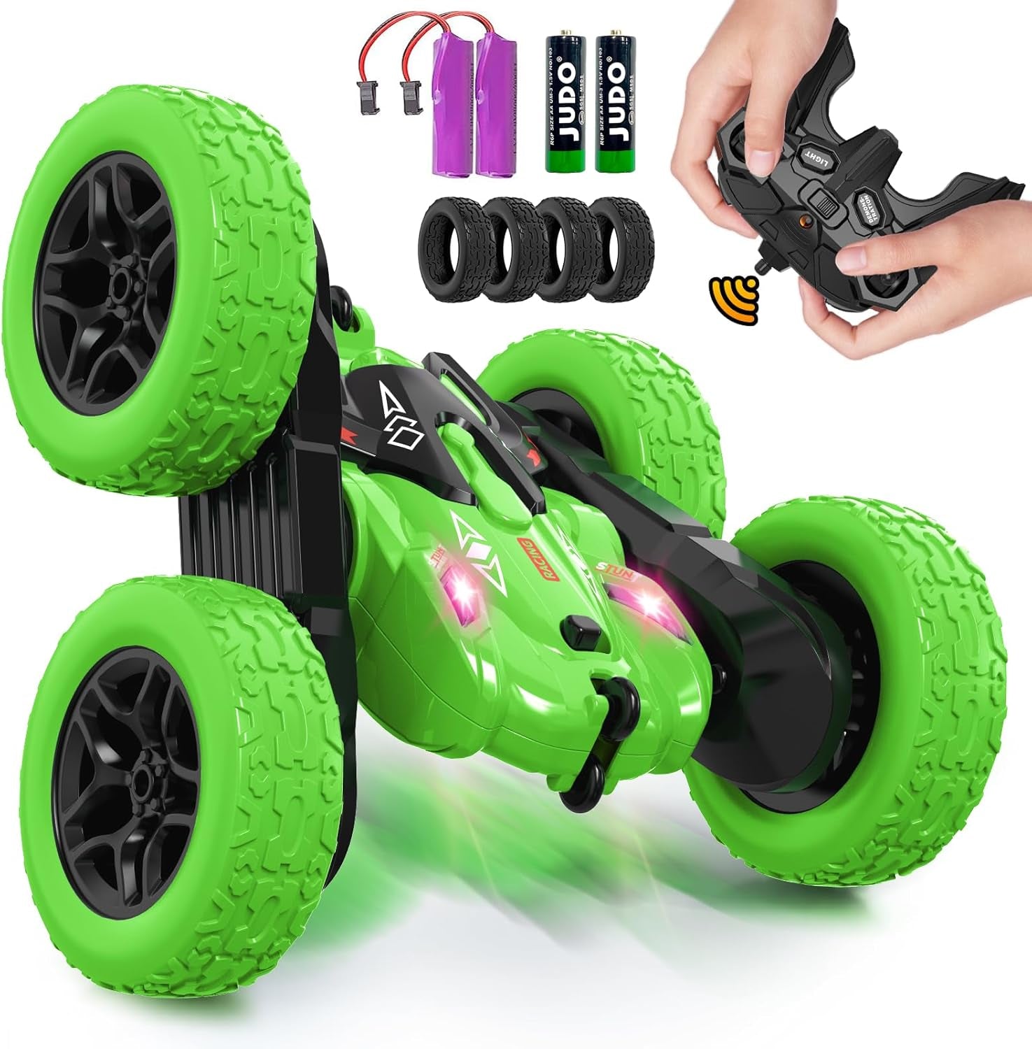 Remote Control Stunt Car-LED Light Strips, Headlights, 2.4GHz All-Terrain Double-Sided 360° Rotating RC Vehicle Ages 8+