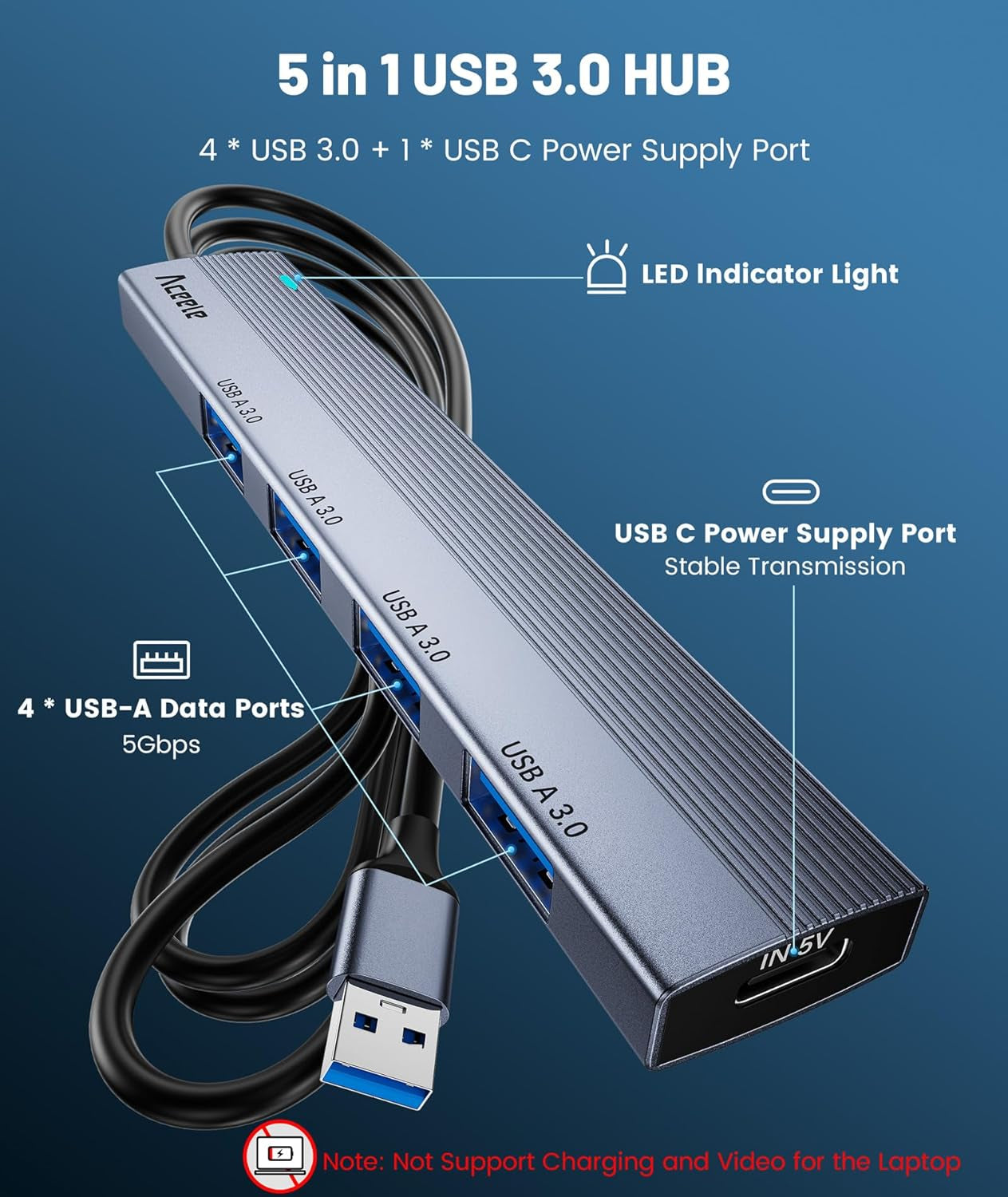 Ultra Slim USB 3.0 Hub with 4 Ports and 4Ft Extended Cable  Laptops, USB Flash Drives, Mobile Hard Drives