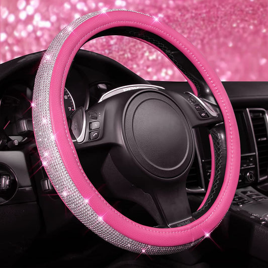 Diamond Pink Leather Steering Wheel Cover - Crystal Rhinestones - Universal Fit 14.5" to 15" - Sparkling Accessory