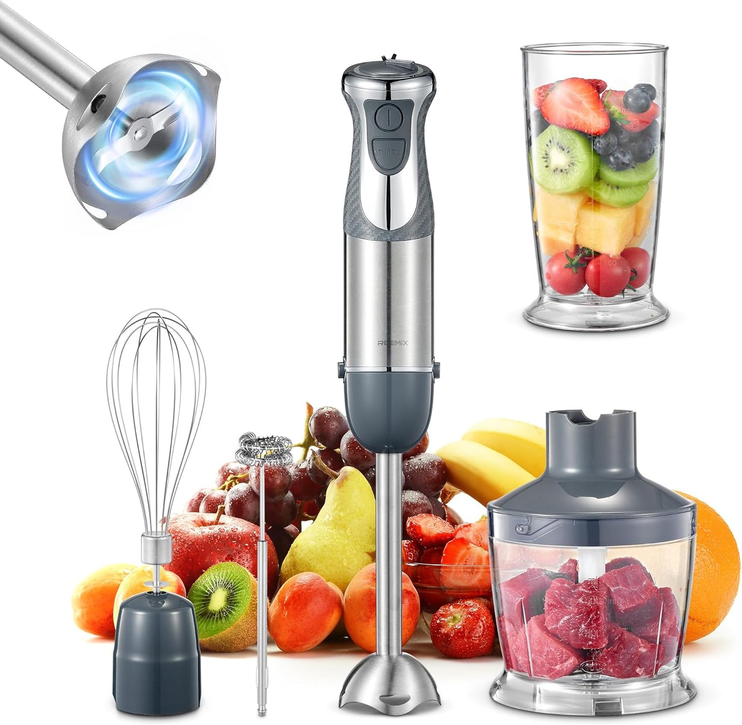 5-in-1 Handheld Immersion Blender, 1000W with Copper Motor and Stainless Steel Blade, Mixing Beaker, Food Processor, Whisk, Milk Frother(Black)