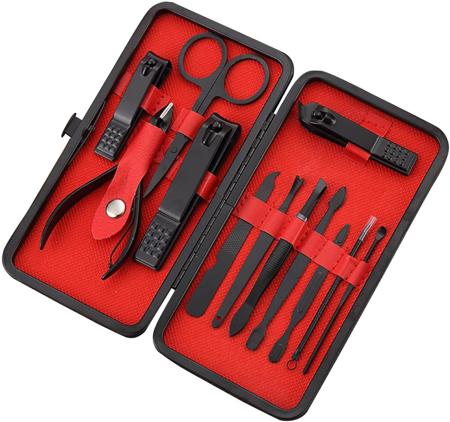 Professional 12-Piece Stainless Steel Manicure and Pedicure Set with Luxurious Travel Leather Case - (Black)
