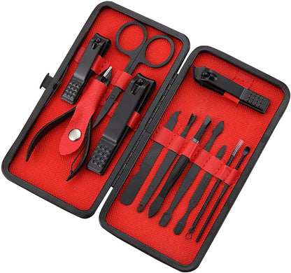 Professional 12-Piece Stainless Steel Manicure and Pedicure Set with Luxurious Travel Leather Case - (Black)