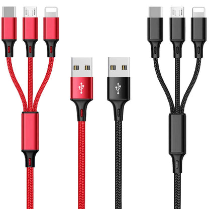 Multi Charging Cable, 4Ft 2Pack Multi Phone Charger Cable Braided Universal 3 in 1 Charging Cord Extra Long Multiple USB Cable with USB C, Micro USB Port Connectors（Red+Black