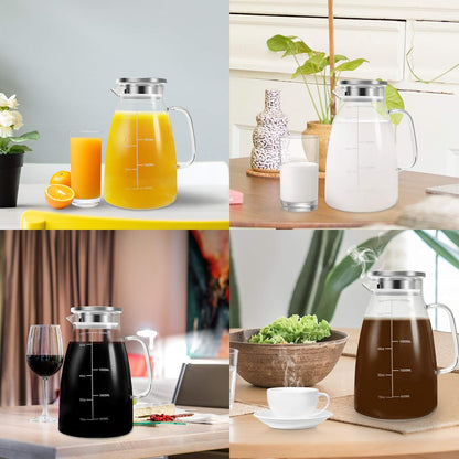 2L Borosilicate Glass Pitcher with Lid and Measurement Scale, Stainless Steel Jug for Hot and Cold Beverages