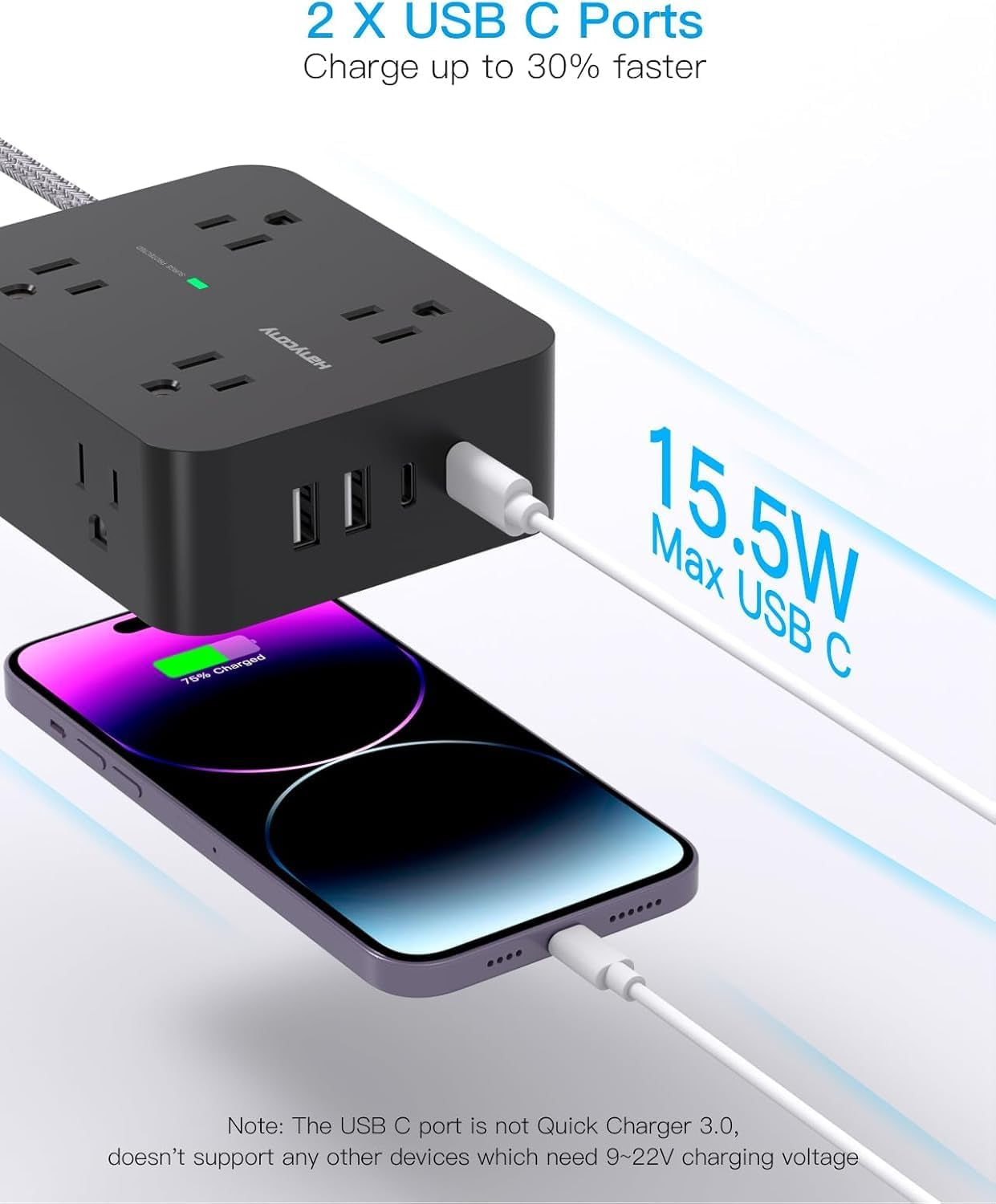 Surge Protector Power Strip -8 Outlets, 4 USB Charging Ports (2 USB-C), 3-Sided Outlet Extender, 5 Ft Braided Extension Cord, Flat Plug, Wall Mount, and Desk Charging Station
