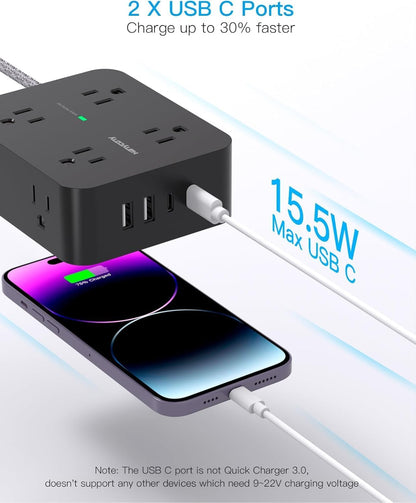 Surge Protector Power Strip -8 Outlets, 4 USB Charging Ports (2 USB-C), 3-Sided Outlet Extender, 5 Ft Braided Extension Cord, Flat Plug, Wall Mount, and Desk Charging Station