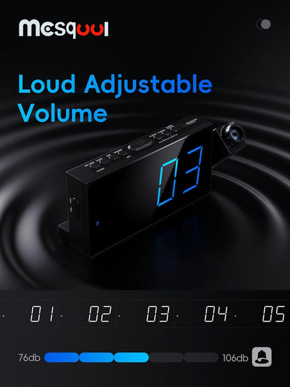 Projection Alarm Clock with 7" LED Display, Adjustable Dimmer, 5 Volume Levels, 9-Minute Snooze, Dual Alarm Functionality, USB Charging Port